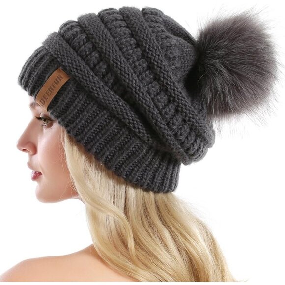 Queenfur Knit Slouchy Beanie for Women Thick Baggy Hat Faux Fur Pompom Hat - Picture 1 of 6